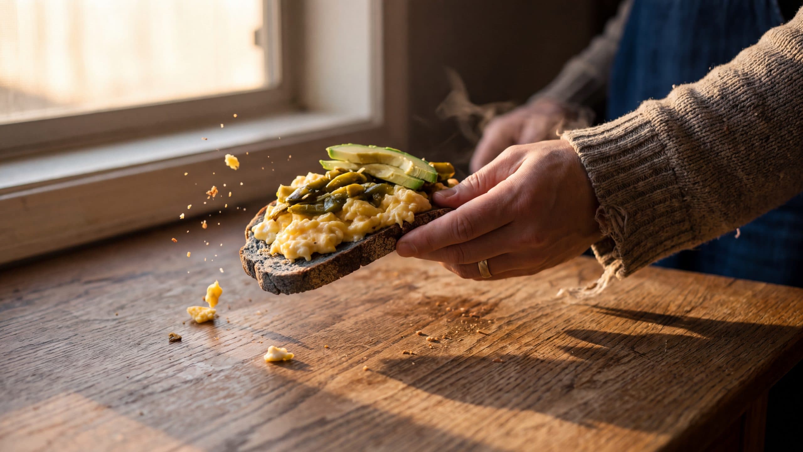 Green-chile eggs on masa toast