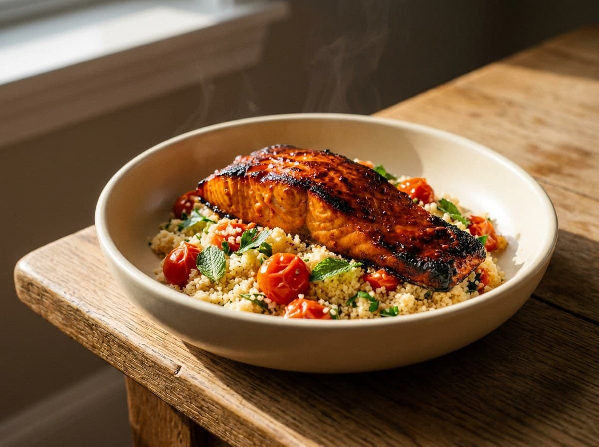 Harissa salmon, burst tomatoes, couscous
