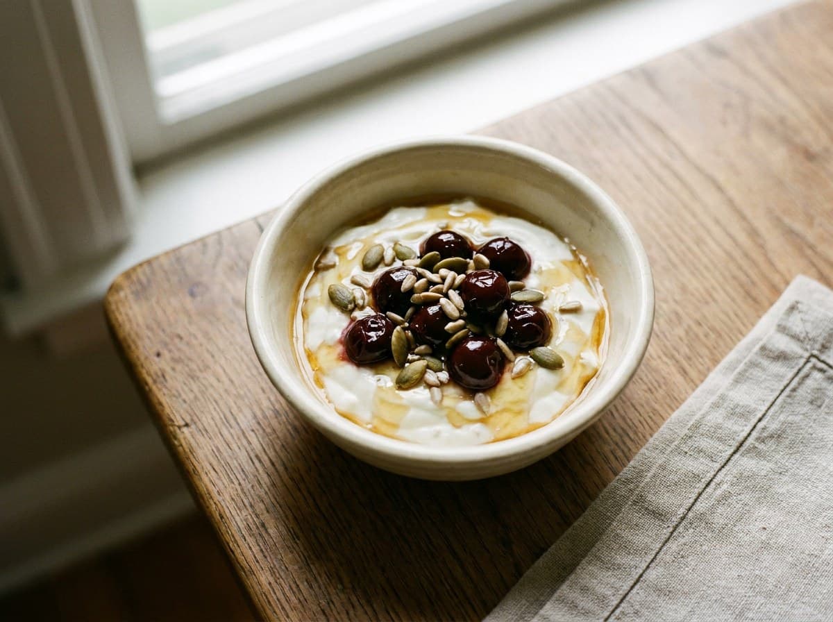 Yogurt, sour cherries, toasted seeds